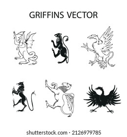 A griffin is also known as a griffin or griffon with lion body, Hand drawn illustration in the engraving style