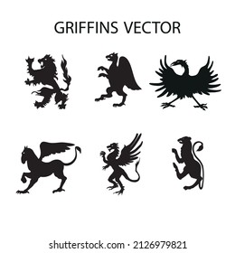 A griffin is also known as a griffin or griffon with lion body, Hand drawn illustration in the engraving style