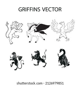 A griffin is also known as a griffin or griffon with lion body, Hand drawn illustration in the engraving style