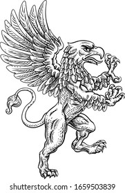 A griffin also known as a gryphon or griffon with lion body, wings and eagle head. Rampant standing on hind legs coat of arms crest mascot 