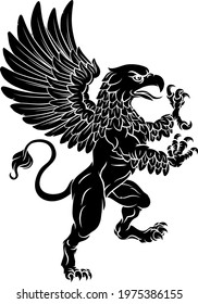 A griffin also known as a gryphon or griffon with lion body, wings and eagle head. Rampant standing on hind legs coat of arms crest mascot 