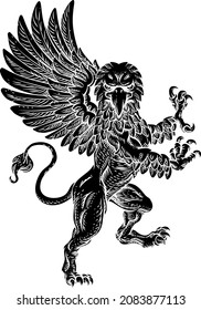 A griffin also known as a gryphon or griffon with lion body, wings and eagle head. Rampant standing on hind legs coat of arms crest mascot 