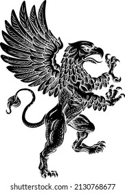 A griffin also known as a gryphon or griffon with lion body, wings and eagle head. Rampant standing on hind legs coat of arms crest mascot 