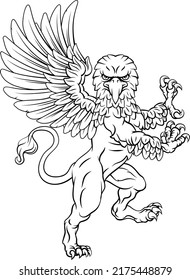 A griffin also known as a gryphon or griffon with lion body, wings and eagle head. Rampant standing on hind legs coat of arms crest mascot 