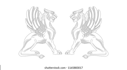 Griffin linear illustration, two creatures face to face, black line graphic