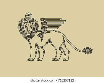 Griffin, a lion in the crown with wings in the style of engraving of linear design for a premium logo or coat of arms. Lion with a crown symbol of power, strength, security.