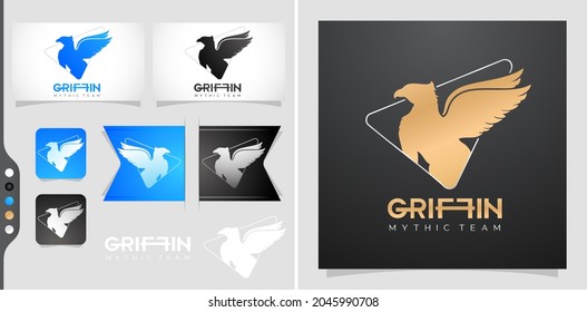 Griffin mythic team concept logo for e sport, Griffin Apparel or Griffin Adventure tag and label. Three variation design Colors, blue black, and elegant golds.