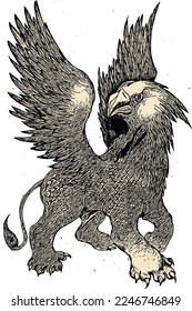 Griffin. Mythical creature. Engraving style