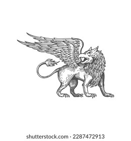 Griffin-Mythologie-Kreatur mit Adler-Kopf, Löwe-Körper und Adler-Flügel einzeln Skizze-Symbol. Vektor mythologisches Tier, antiker Gänseblümchen, antiker Vogel