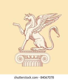Griffin, seated on an Ionic column - hand draw sketch based "The Five Orders of Architecture" is a book on architecture by Giacomo Barozzi da Vignola from 1593. Vector illustration.