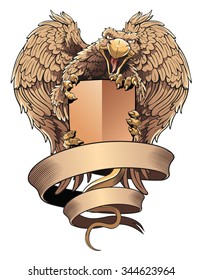 Griffin with shield and placard.

Griffin with shield in claw and placard around. Plumage of wings enriched details of feathers. Heraldic design element.