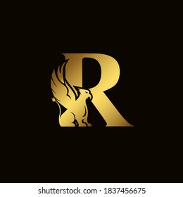 Griffin silhouette inside gold letter R. Heraldic symbol beast ancient mythology or fantasy. Creative design elements for logotype, emblem, monogram, icon or symbol for company, corporate, brand name.