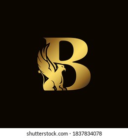 Griffin silhouette inside gold letter B. Heraldic symbol beast ancient mythology or fantasy. Creative design elements for logotype, emblem, monogram, icon or symbol for company, corporate, brand name.