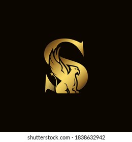 Griffin silhouette inside gold letter S. Heraldic symbol beast ancient mythology or fantasy. Creative design elements for logotype, emblem, monogram, icon or symbol for company, corporate, brand name.