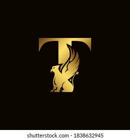 Griffin silhouette inside gold letter T. Heraldic symbol beast ancient mythology or fantasy. Creative design elements for logotype, emblem, monogram, icon or symbol for company, corporate, brand name.