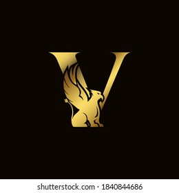 Griffin silhouette inside gold letter V. Heraldic symbol beast ancient mythology or fantasy. Creative design elements for logotype, emblem, monogram, icon or symbol for company, corporate, brand name.