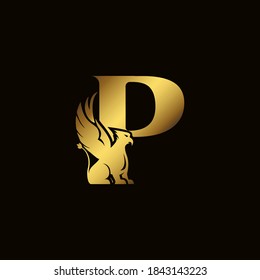 Griffin silhouette inside gold letter P. Heraldic symbol beast ancient mythology or fantasy. Creative design elements for logotype, emblem, monogram, icon or symbol for company, corporate, brand name.