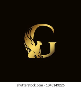 Griffin silhouette inside gold letter G. Heraldic symbol beast ancient mythology or fantasy. Creative design elements for logotype, emblem, monogram, icon or symbol for company, corporate, brand name.