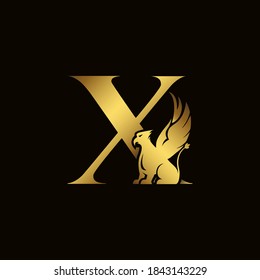 Griffin silhouette inside gold letter X. Heraldic symbol beast ancient mythology or fantasy. Creative design elements for logotype, emblem, monogram, icon or symbol for company, corporate, brand name.
