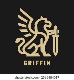 Griffin with sword logo on a dark background.