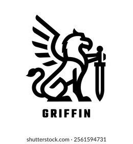 Griffin with sword logo. Vector illustration.