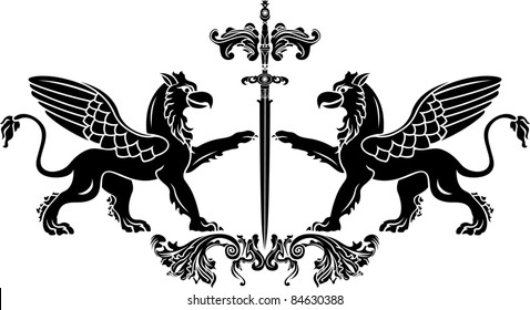 Griffin with sword stencil. vector illustration for web