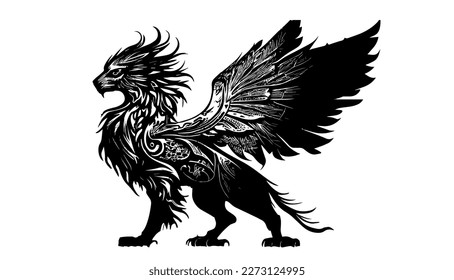 Griffin vector black line illustration isolated white. Sketch art