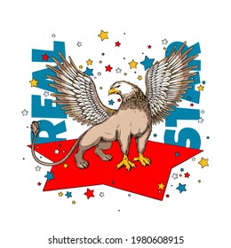 Griffin vector illustration in hand drawn style. Ral star illustration. Stylish image for printing on any surface	