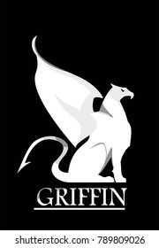 griffin, white gryphon on black background 