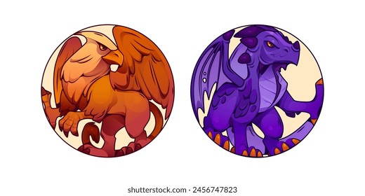 Grifo con alas e icono de círculo de juego de dragón. Águila Griffin personaje de pájaro y conjunto de dibujo de mascota monstruo. Diseño de avatar redondo de mitología con garra de dinosaurio. Clipart púrpura heráldico para el perfil