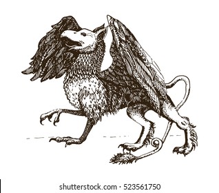 Griffin.Legendary creature. Heraldic symbol. Vintage hand drawn illustration.