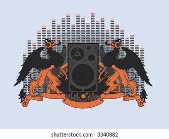 Griffins in headphones. Modern heraldry vector illustration.