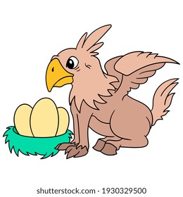 Griffins Hippogriff tending to the eggs of his chicks, vector illustration art. doodle icon image kawaii.