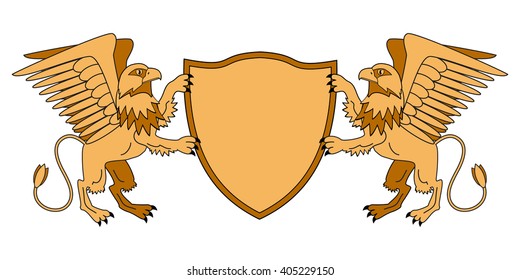 Griffins holding a shield. Emblem with mythological animals. Medieval theme. Heraldry. Vector illustration.