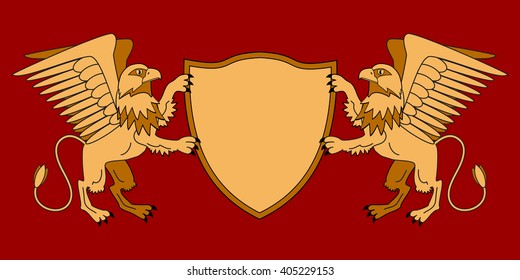 Griffins holding a shield. Emblem with mythological animals. Medieval theme. Heraldry. Vector Image.