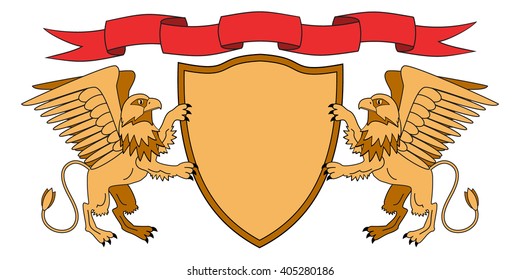 Griffins holding a shield. Shield with ribbon. Heraldry. Medieval emblem. Vector Iillustration