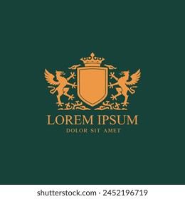 Griffins with shield and crown logo design. Classic emblem Vector illustration template