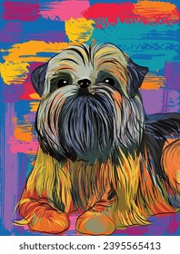 Griffon in colorful colors isolated on a vivid background, pop art style. Amazing Illustration Dog Pop Art.Poster, comic book. Beautiful cover. Attractive design, cartoon detailed dog. Animals cartoon