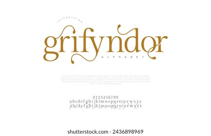 Grifyndor premium luxury elegant alphabet letters and numbers. Elegant wedding typography classic serif font decorative vintage retro. Creative vector illustration