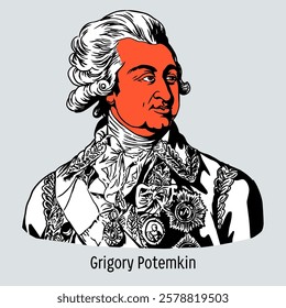 Grigory Potemkin was a Russian statesman and field marshal who played a significant role in Russian history, especially during the reign of Catherine II. Hand drawn vector illustration