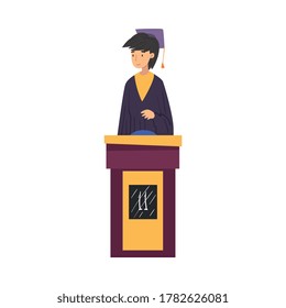 Gril Guessing Questions on Quiz Show, Young Woman Wearing Robe and Graduation Cap Answering Question on Television Conundrum Game Cartoon Style Vector Illustration