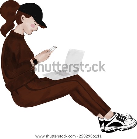 a gril working on cell phone and notebook