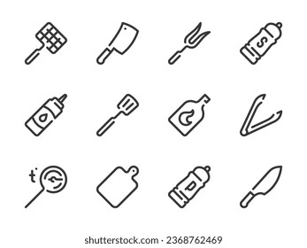 Accesorios de parrilla y iconos de línea vectorial de equipos de barbacoa. Juego de iconos del contorno de los equipos de cocina. Cesta a la parrilla, Tongs, Termómetro, Espatula, Combustible de encendido, Tablero de corte y más.