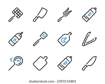 Grill Accessories and Barbecue Equipment vector line icons. Cooking Appliances outline icon set. Grill Basket, Tongs, Thermometer, Spatula, Ignition Fuel, Cutting Board and more.