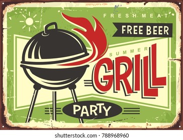 Grill appliance with red fire flames on summer green background. Barbecue party retro sign design.