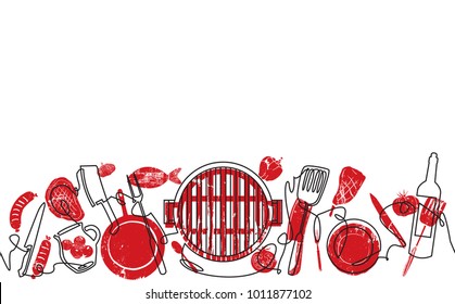 Grill background. Pattern with barbecue. Grilled meat and vegetables top view. Vector illustration.