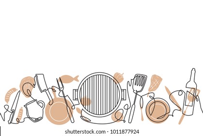 Grill background. Pattern with barbecue. Grilled meat and vegetables top view. Vector illustration.