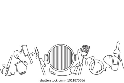 Grill Background. Pattern with Utensils for  Barbecue. One Line Style. Vector illustration.