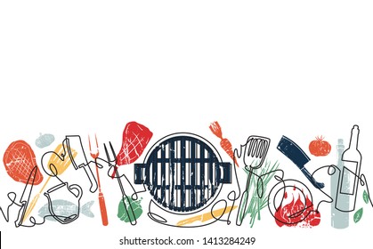 Grill Background. Pattern with Utensils for  Barbecue. One Line Style. Vector illustration.