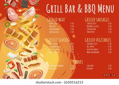 Grill bar and BBQ menu 3D cartoon plastic style vector poster design. Realistic BBQ barbecue menu and price. Meat, pork ribs, chicken wings, steak and sausages. Picnic event invitation